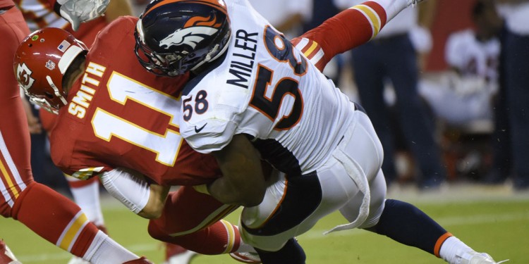 Denver Broncos linebacker Von Miller (58) sacks Kansas City Chiefs quarterback Alex Smith (11) during the first half of an NFL football game in Kansas City, Mo., Thursday, Sept. 17, 2015. (AP Photo/Ed Zurga)