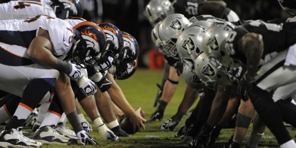 Dec 6, 2012; Oakland, CA, USA; General view of the line of scrimmage between the Oakland Raiders and the Denver Broncos during the third quarter at O.co Coliseum. The Broncos defeated the Raiders 26-13. Mandatory Credit: Kyle Terada-USA TODAY Sports