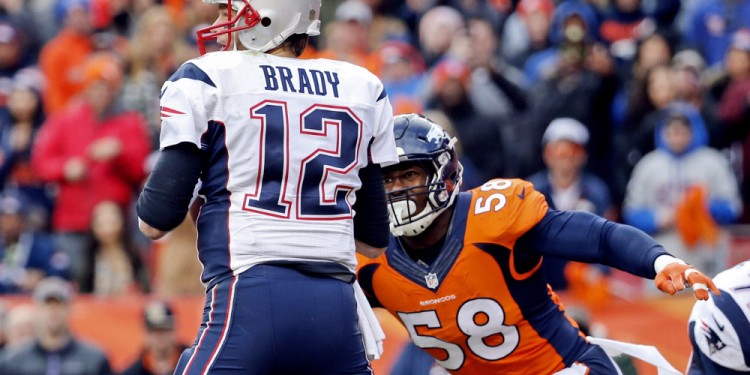Jan 24, 2016; Denver, CO, USA; Denver Broncos outside linebacker Von Miller (58) sacks New England Patriots quarterback Tom Brady (12) during the game in the AFC Championship football game at Sports Authority Field at Mile High. Mandatory Credit: Kevin Jairaj-USA TODAY Sports